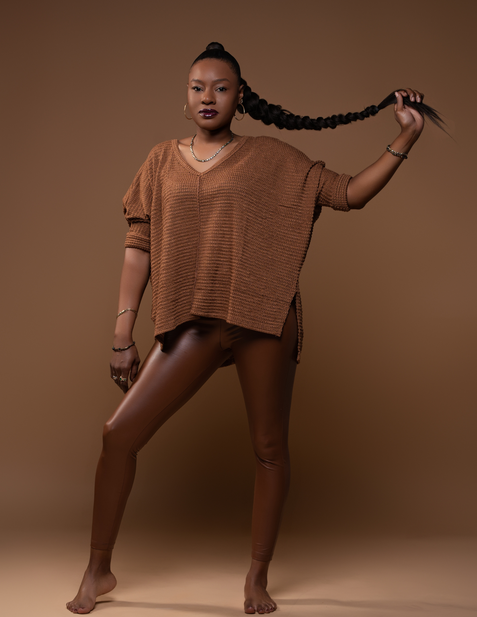 Deep Camel V-Neck Jacquard Sweater ONLY